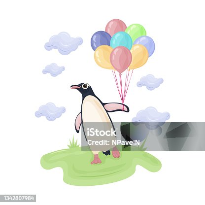 istock Cute children s illustration with the image of a cute penguin walking on green grass and holding colorful balloons, surrounded by blue clouds. Penguin children s printed illustration. Vector 1342807984