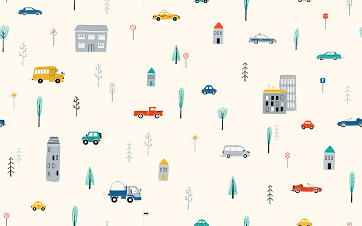 Cute children's seamless pattern with cars, road, houses on a light background. Illustration of a town in a cartoon style for Wallpaper, fabric, and textile design. Vector
