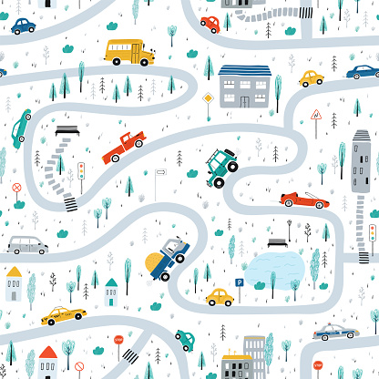 Cute children's seamless pattern with cars, road, Park, houses on a white background. Illustration of a town in a cartoon style for Wallpaper, fabric, and textile design. Vector