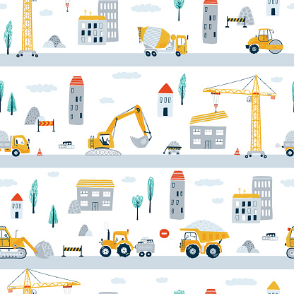 Cute children's seamless pattern with yellow car dump truck, crane, road, signs, house on white background. Illustration construction site in flat style for wallpaper, fabric, textile design. Vector