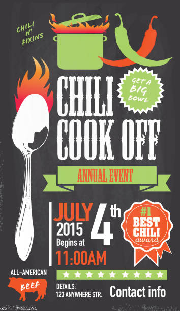 Cute Chili cookoff invitation design template on chalkboard background Vector illustration of a Chili Cookoff invitation design template. Bright and colorful. Includes yellow, red color themes with turquoise large crock pot on flames. Chalkboard background Perfect for white background design for picnic invitation design template, summer barbecue event, picnic celebration, backyard bbq, private or corporate party, birthday party, fun family event gathering, potluck supper. cooking competition stock illustrations