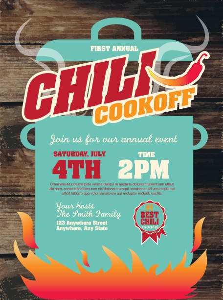 Cute Chili cookoff invitation design template on wooden background Vector illustration of a Chili Cookoff invitation design template. Bright and colorful. Includes yellow, red color themes with turquoise large crock pot on flames. Wooden background Perfect for white background design for picnic invitation design template, summer barbecue event, picnic celebration, backyard bbq, private or corporate party, birthday party, fun family event gathering, potluck supper. cooking competition stock illustrations