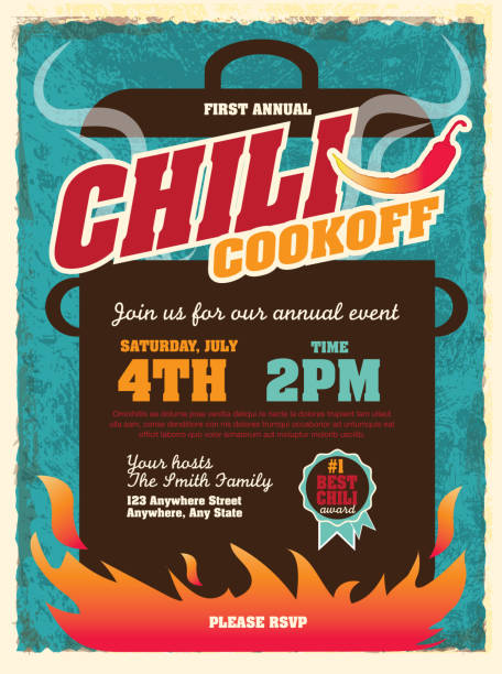 Cute chili cookoff party invitation design template Vector illustration of a Chili Cookoff invitation design template. Bright and colorful. Includes yellow, turquoise color themes with large crock pot on flames. Textured background Perfect for white background design for picnic invitation design template, summer barbecue event, picnic celebration, backyard bbq, private or corporate party, birthday party, fun family event gathering, potluck supper. chili pepper stock illustrations