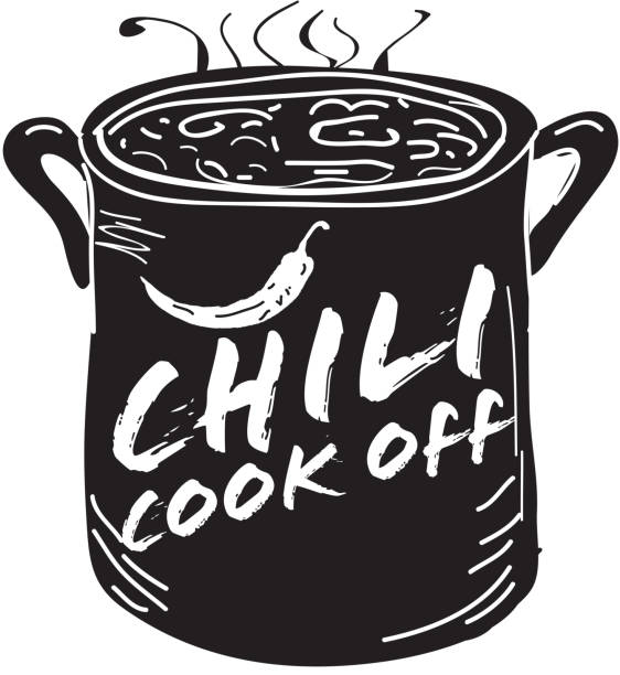 Cute Chili pot cookoff event icon design Vector illustration of a hand drawn Chili Cookoff logo or icon design template. Black and white. Includes red, black and white color themes with large crock pot with chilis. White background Perfect for white background design for picnic invitation design template, summer barbecue event, picnic celebration, backyard bbq, private or corporate party, birthday party, fun family event gathering, potluck supper. cooking competition stock illustrations