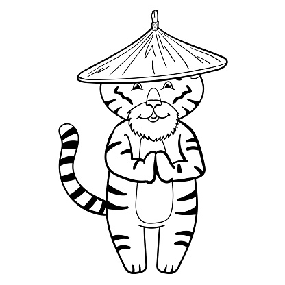 Cute Chinese Tiger in Vietnamese conical Hat. Cute Animal in cartoon style Symbol of the year 2022, Coloring Page or Book