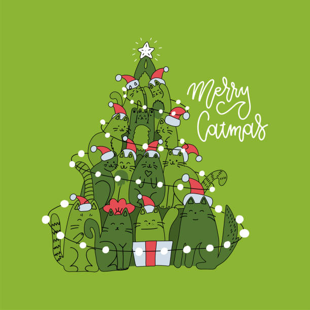 stockillustraties, clipart, cartoons en iconen met leuke kerstkaart met kerstboom die van katten wordt gemaakt. groene vierkante wenskaart met het beletteren lineaire groettekst prettige kerstmis. - christmas cat