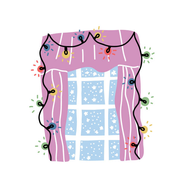 Cute Christmas decorated window with curtains, fairy lights and frosty pattern on glass. Cartoon vector isolated illustration.  christmas lights house stock illustrations