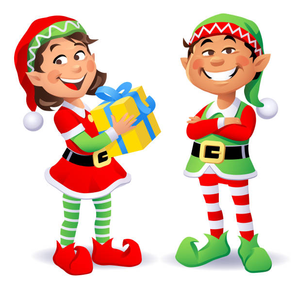 Cute Christmas Elves Vector illustration of two cheerful Christmas elves wearing santa hats and pantyhoses. A boy having his arms crossed, and a girl carrying a christmas present, looking at the camera. elf stock illustrations