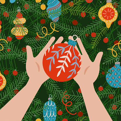 Cute Christmas Eve scene. The view from the eyes. Two hands holding xmas ball and decorating Christmas tree with baubles. Vector flat isolated hand drawn illustration.