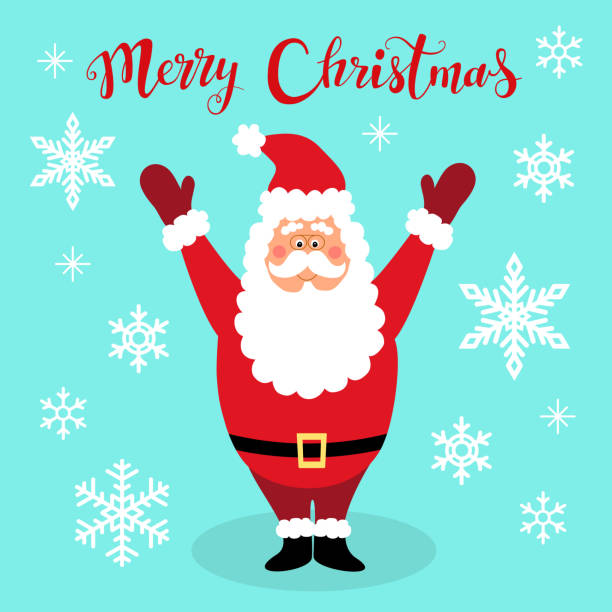cute christmas greeting card with hand drawn cartoon character of cute christmas greeting card with hand drawn cartoon character of santa claus snowflakes and lettering stock vector art more images of backgrounds