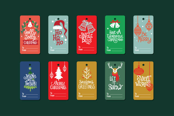 ilustraciones, imágenes clip art, dibujos animados e iconos de stock de bonitas etiquetas de navidad con accesorios de navidad y adorno - christmas card