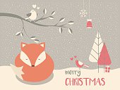 Cute Christmas sleepy baby fox surrounded with floral decoration, vector illustration