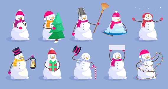 Cute Christmas snowman set isolated on blue background