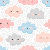 istock Cute cloud smiling face seamless pattern 1207674120