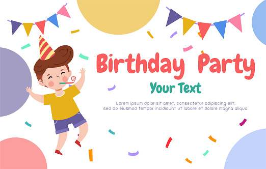 Cute Colorful Birthday Party Card Template banner, cute children and Happy Birthday card advertising brochure, your text, flat Funny cartoon isolated vector Illustration on white background