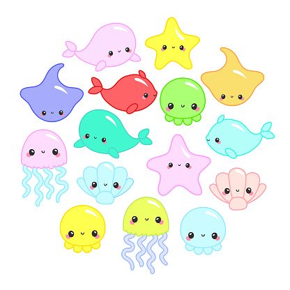 Cute colorful cartoon sea animals in circle for baby designs, kids invitations and summer greeting cards. Cute vector ocean set with sea creatures for girls and boys summer baby shower and birthday.