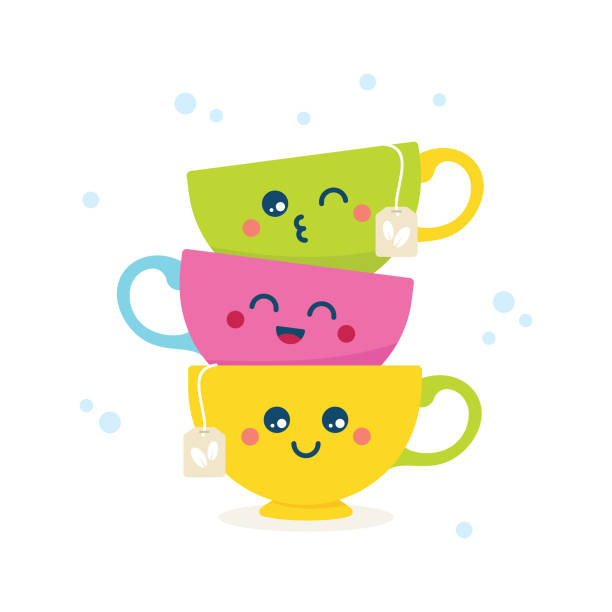 Cute colorful cartoon tea cups with funny faces Flat vector illustration of three tea cups with funny cartoon faces, isolated on white background. tea cup stock illustrations