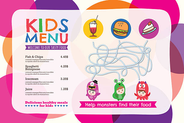 illustrazioni stock, clip art, cartoni animati e icone di tendenza di carino colorato bambini pasto menu omatta con sfondo cerchio - tovaglietta