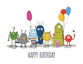 Cute monsters greeteng card. Funny colorful monsters happy birthday card. Vector eps10