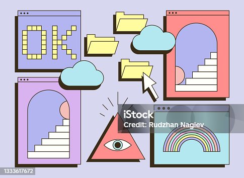 istock Cute colorful retro vaporwave desktop with message boxes and user interface elements 1333617672
