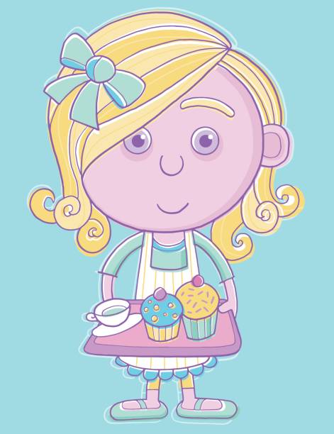 Cute cook holding tray of cup cakes An adorable cartoon character of a girl who has been baking and is holding a try of cupcakes. She has a ribbon in her long hair and is wearing an apron. curley cup stock illustrations