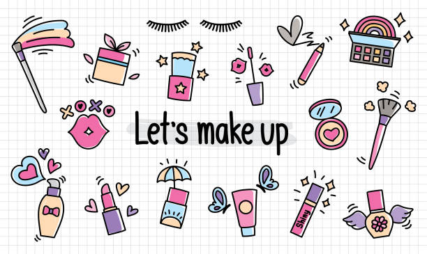 ilustraciones, imágenes clip art, dibujos animados e iconos de stock de bonitos cosméticos doodle. - maquillaje kawaii