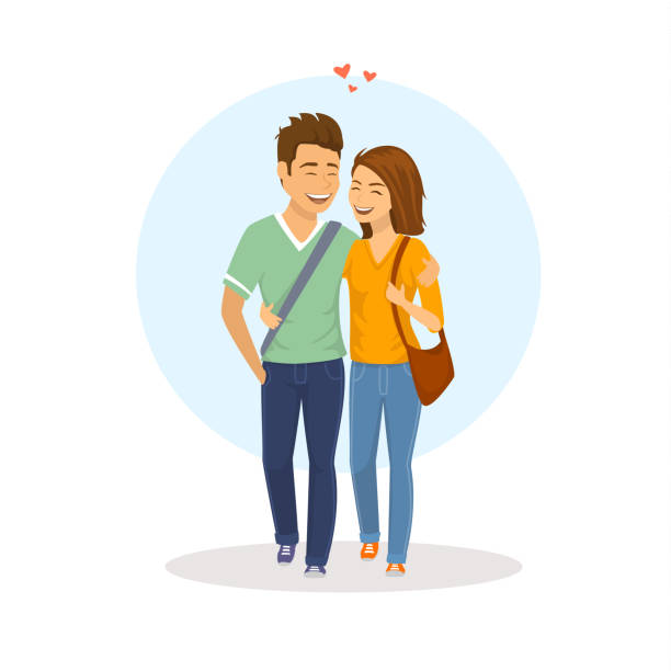 cute couple in love walking together cute couple in love walking together couple relationship stock illustrations