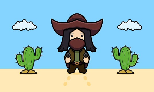 Cute cowboy in the desert cartoon icon illustration.