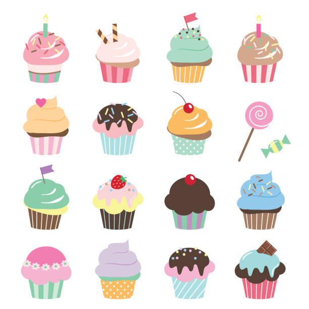 Cute cupcakes set isolated on white. Cartoon cupcake icons set. Cute birthday stickers. cupcake stock illustrations