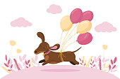 Cute dachshund run in love mood with air balloons. Pink cloud and plants on white background. Vector illustration. Saint Valentine's greeting day card.