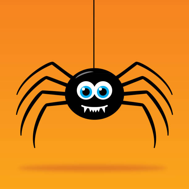 Cute Dangling Cartoon Spider Vector illustration of a cute smiling spider hanging above his shadow on an orange background. cute spider stock illustrations