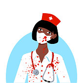 Cute dark skinned afro girl  bloody nurse halloween party costume. Hat with a cross stethoscope robe and mask with blood stains. Social media avatar. Stock vector flat illustration isolated on white.