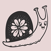 istock Cute decorative snail with flower. Linear hand drawing. Funny mollusk-snail. Vector illustration for decor, decoration, print and design. 1396924772