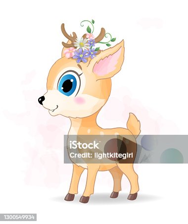 istock Cute deer cartoon with flowers 1300549934