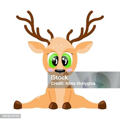 istock Cute Deer isolated. Cartoon baby animal with horns. Deer sitting and smiling. Vector illustration 1343233752