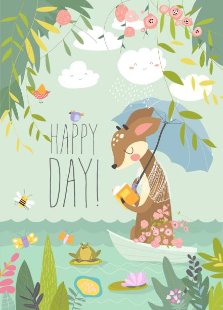 Cute deer reads book in little boat. Hello summer Cute deer reads book in little boat. Hello summer. Vector illustration cute frog stock illustrations