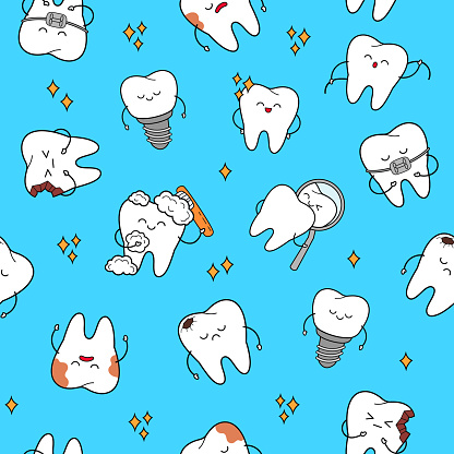 Download Cute Dental Pattern Theme Cheerful Characters Teeth Stock ...