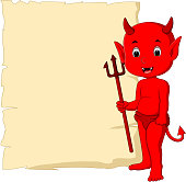 illustration of cute devil cartoon with blank sign