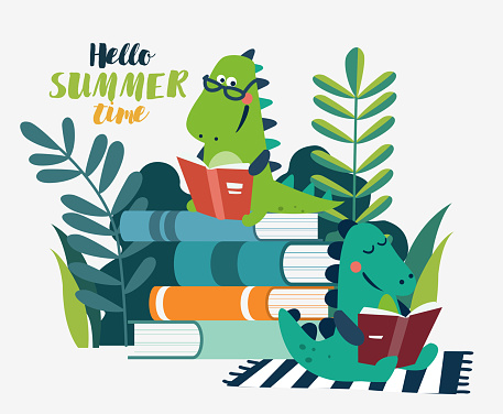 Cute dinosaur reads a book in the garden. Funny tyrannosaur relaxing in park stock illustration