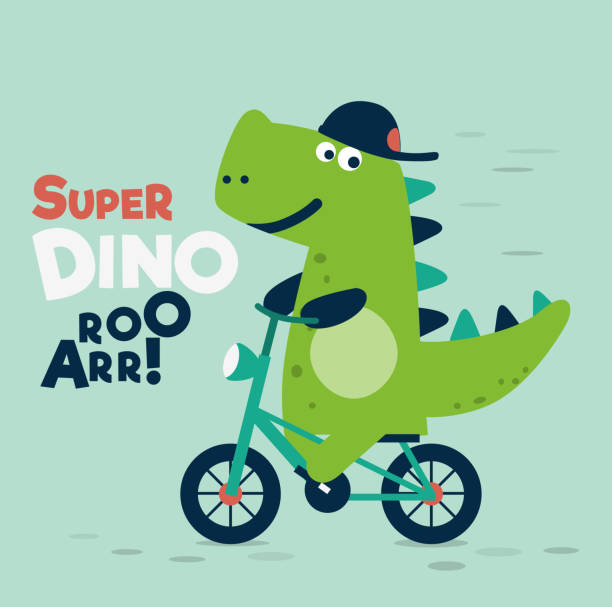 niedlicher dinosaurier reitet auf dem fahrrad - qvasimodo stock-grafiken, -clipart, -cartoons und -symbole