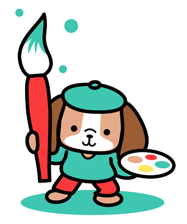 A cute dog artist wearing a beret and holding a watercolor brush and palette