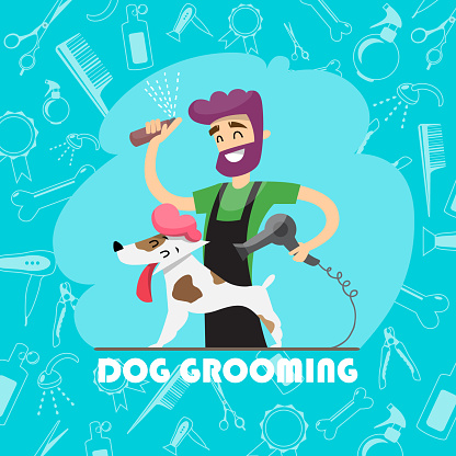 Cute dog at groomer salon and set of icons