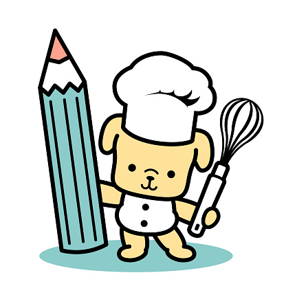A cute dog chef wearing a chef's hat and holding a colored pencil and egg beater