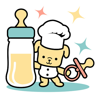 A cute dog chef wearing a chef's hat and holding a pacifier and standing by a big feeding bottle