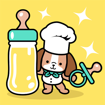 A cute dog chef wearing a chef's hat and holding a pacifier and standing by a big feeding bottle