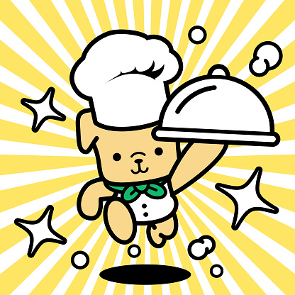 A cute dog chef wearing a chef's hat is carrying a domed tray and running toward the camera