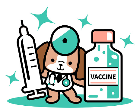 A cute dog doctor is standing by a big vaccine bottle and holding a big syringe