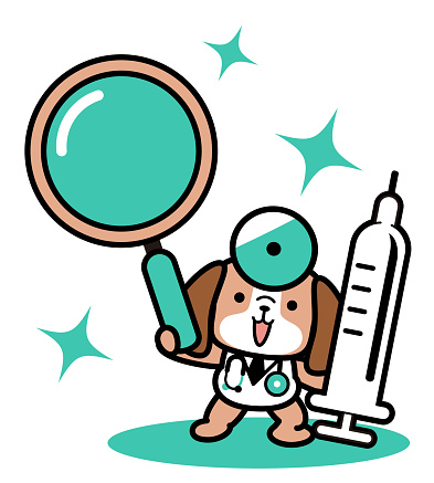 A cute dog doctor standing holding a big magnifying glass and syringe