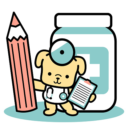 Cute dog doctor standing in front of a big pill bottle and holding a colored pencil and medical record