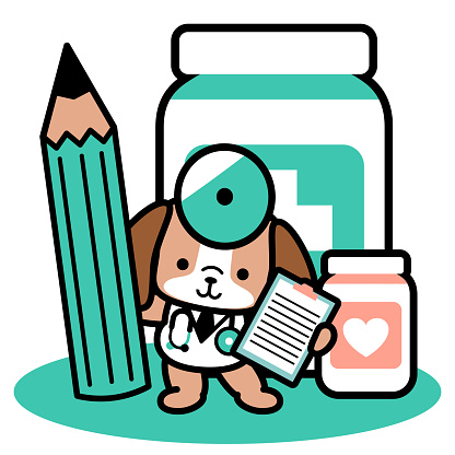 A cute dog doctor standing in front of big pill bottles and holding a big pencil and medical record